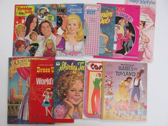 Twelve Paper Doll Books: Twelve paper doll books from 1950's to 1980's, Partridge Family, Tricia, Country Music Star Dottie West, Denim Deb, Barbie Rocks, Babes in Toyland, Casual Co., Shirley Temple, Dress Up For The New Yor