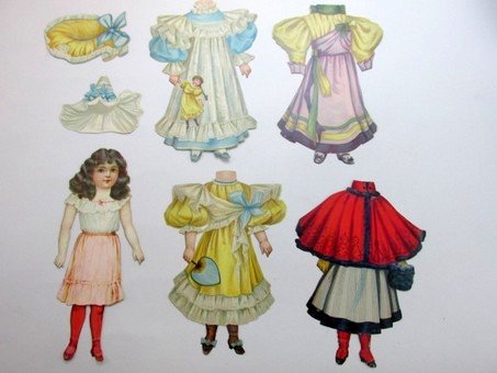 Three 1890's Tuck Sets: Three early sets of Raphael Tuck paper dolls all circa 1890's, Sweet Alice has four costumes with four hat in original box missing doll, doll 13" H with three costumes and doll 13" H with four costume