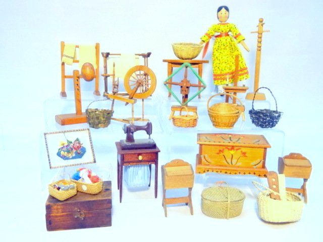 Dollhouse Sewing Room: Woolwinder & candle stand by Warren Dick, spinning wheel & others unmarked, 4in. Tallest