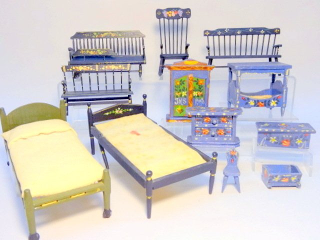 Dollhouse Painted Furniture: Folding bed by Bliss Miniatures, rope type bed, rocking chair, 3 settees, etc. 4 1/4in. Tallest