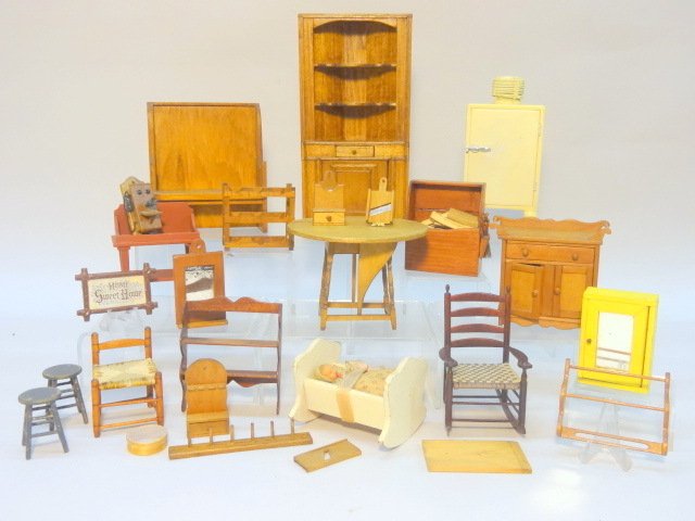 Dollhouse Country Furniture: Grouping of country dollhouse furniture & accessories, wood box & small chair by George Hoffman, corner cupboard by D&D Miniatures, refrigerator marked G.O.H., 7 1/2in. Tallest