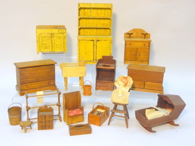 Country Dollhouse Furniture: Painted hutch & dry sink by Laura Gill, cradle & blanket chest by Carl Anderson, Firkin by Jim Ison, child's chair by D&D Miniatures, along w/unmarked pieces & accessories, 6 1/2in. Tallest