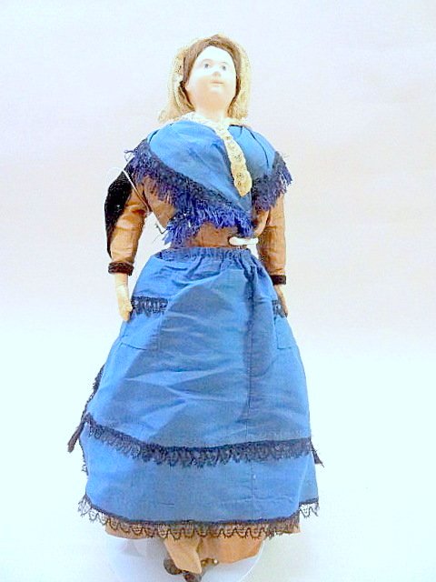 French Type Papier Mache Doll: Lovely 18in. French type papier mache, painted eyes, closed mouth, black painted pate under her wig, beautifulo leather body, vintage clothes, leather boots