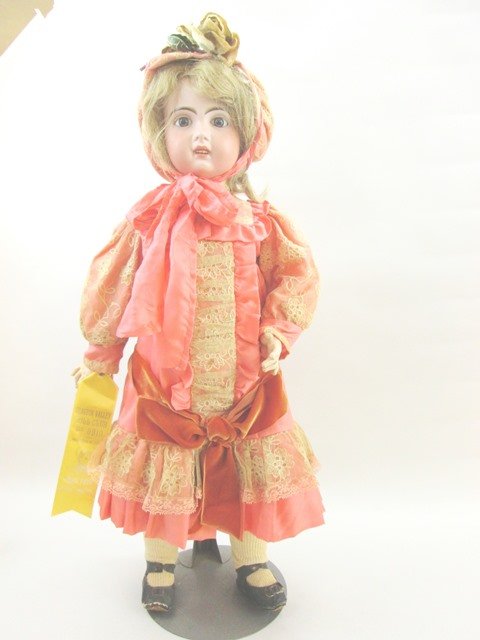 Open Mouth 27 inch Jumeau 1907 Doll: Jumeau 1907, 27in. open mouth set blue eyes, pierced ears on unmarked BJCB, corkpate, human hair wig, nicely dressed, antique shoes