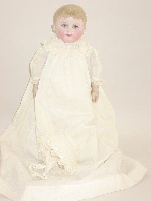 Chase Baby 15 inch Doll: Chase baby 15in., stockinet head & limbs, cloth body, Martha Chase 1889 on vintage Christening gown