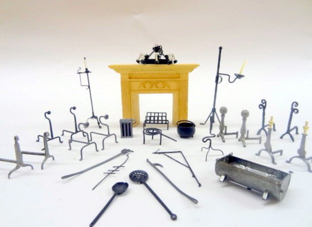 Dollhouse Fireplace Accessories: Dollhouse andirons, candlestands, light fixture, etc., most handcrafted, 3 1/2in. Tallest