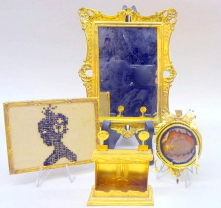 Ormolu Dollhouse Fireplace, Mirrors: Ormolu dollhouse fireplace, 2 mirrors & framed picture, tallest 6in.
