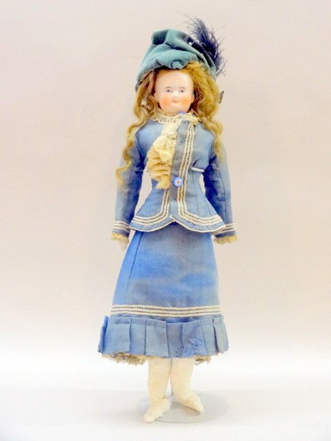Bedermeier Pink Tint China Doll: Pink tint Bedermeier 17in. China 1850-1860, bald head w/black circle, blue eyes, China hands, kid body, period clothing