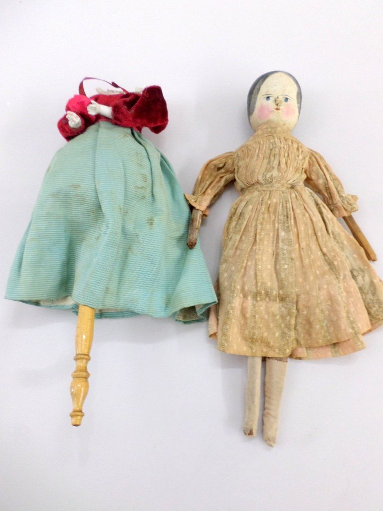 Peg Wooden Doll and Marotte Body: Peg wooden doll w/original 14in. Vintage dress, doll is as-is, leg loose, arm replaced, arm loose, but great old doll, together w/Marotte body, velvet top, silk style bottom, shows wear, bisque arms, 