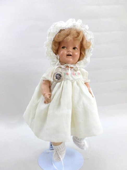 Ideal Shirley Temple Flirty Eye Baby Doll: Ideal 17in. Shirley Temple baby flirty eye, composition head, arms & legs, cloth body, original mohair wig, with pin, redressed, lovely