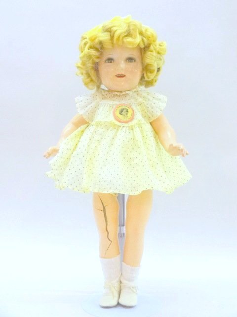 Shirley Temple 20 inch Ideal Doll: Ideal 20in. Shirley Temple, all composition, sleep eyes, open mouth, dimpled cheeks, original mohair wig, dressed in a copy of an original dress, replaced shoes & socks, original pin