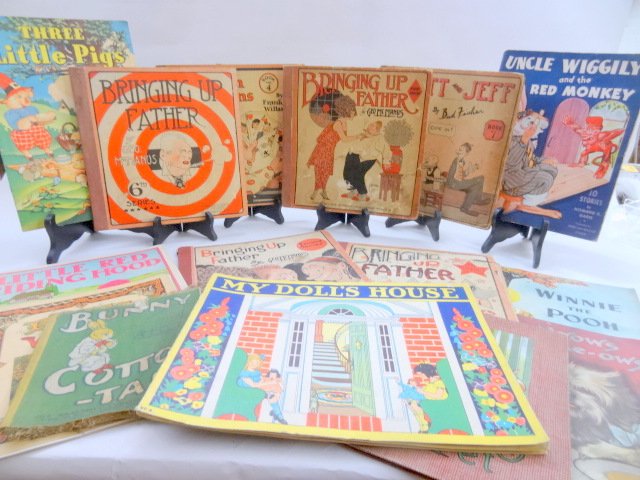 Large Group Early Children Books: Nice grouping of early children books, Bringing Up Father, Moon Mullins, Mutt & Jeff, plus story books & paper dolls, circa 1951-1945, 18 pcs. Total