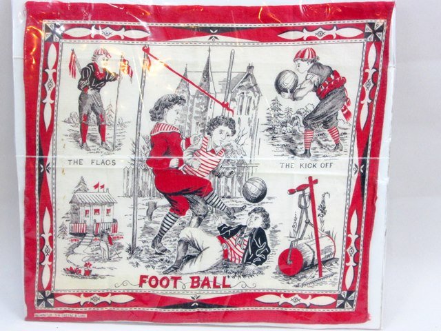 Child Victorian Football Hanky: Child's football Victorian hanky, signed lower left, Washington S.H. Greene & Sons, beautiful red, white & black hanky, incredible lithos