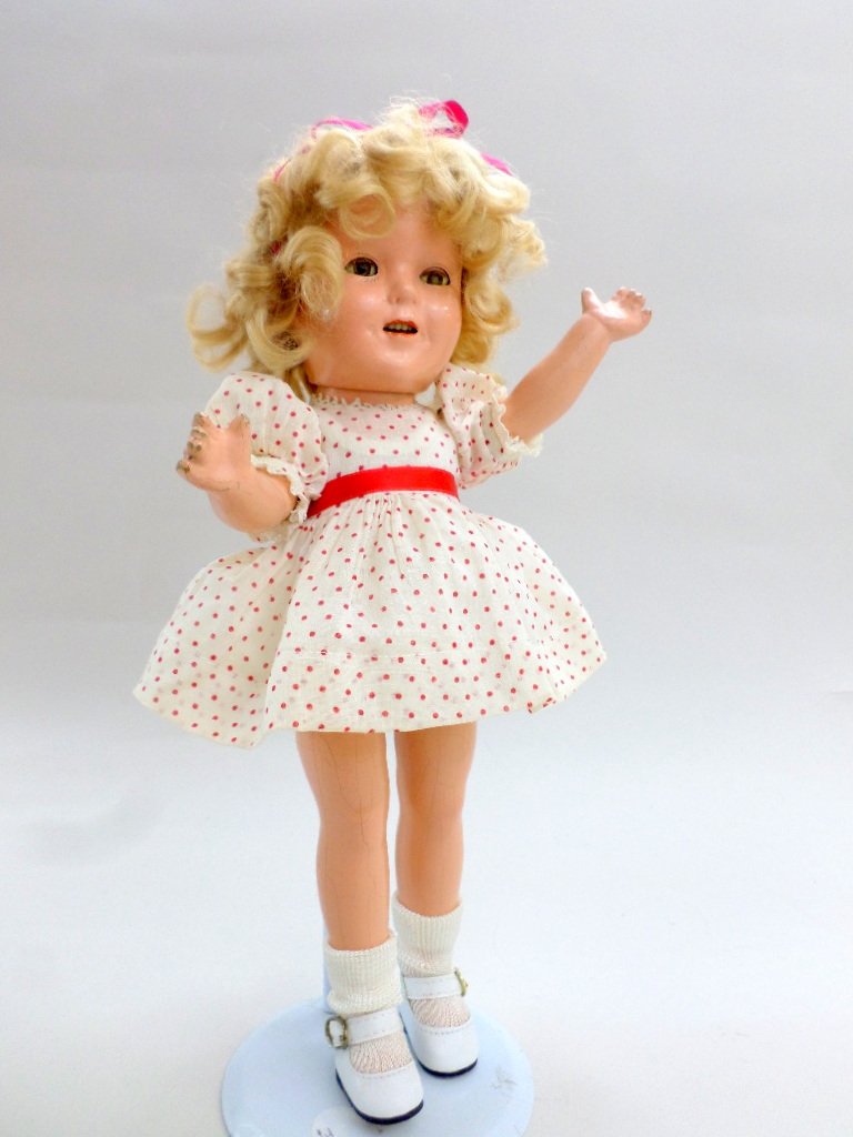 Ideal Thirteen inch Shirley Temple Doll: Shirley Temple 13in. Ideal, all composition, sleep eyes, open mouth, dimples in cheeks, original wig, redressed