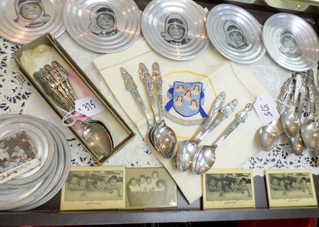 Dionne Quint Souvenirs: Dionne quints small table cover, aluminum dishes, several mirrors, three set of spoons
