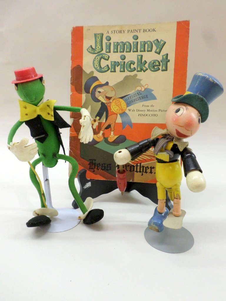 Jiminy Cricket Figures and Paint Book: Jiminy Cricket, A Story Paint Book, Jiminy Cricket segmented figure, Ideal 1937 & felt Cricket