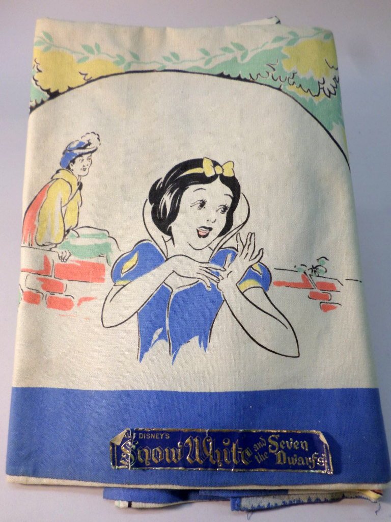 Snow White and Seven Dwarfs Table Cloth, Never Used: Snow White & Seven Dwarfs tablecloth, card table size, original blue & gold foil type sticker label