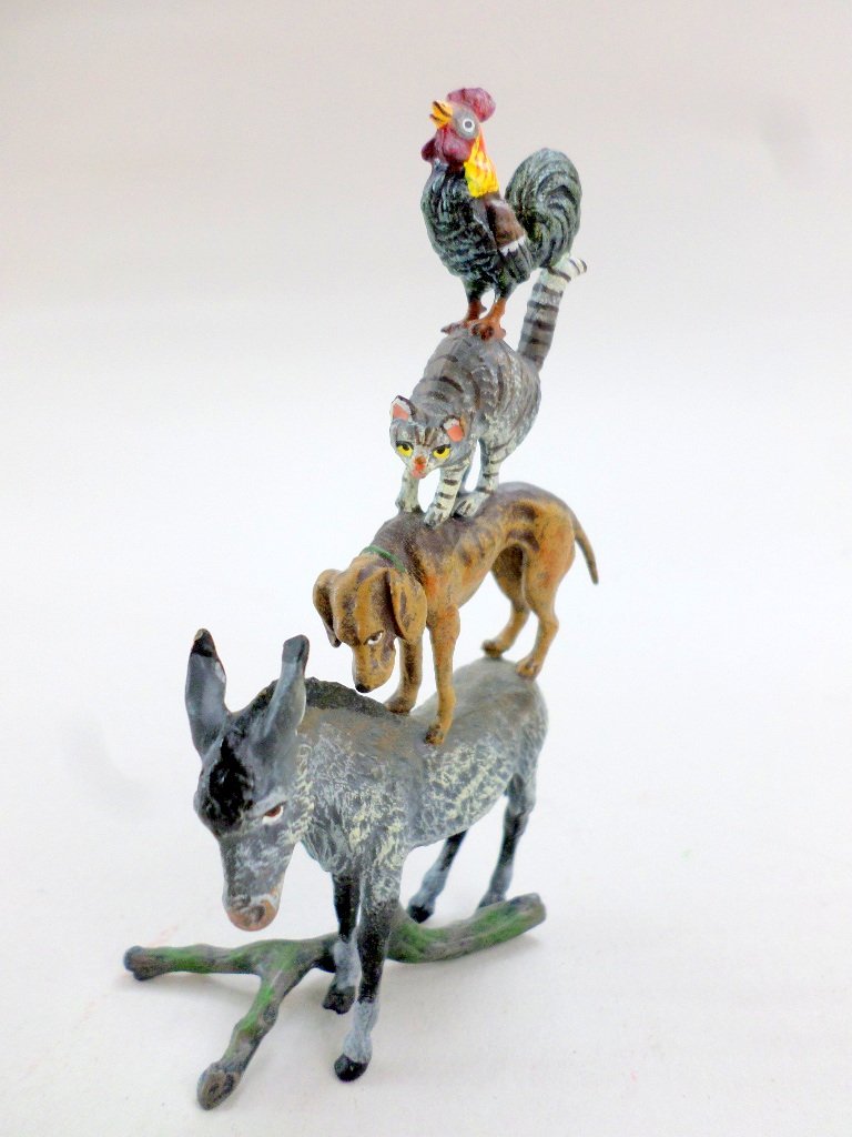 Large Vienna Bronze Group: Unusual Vienna bronze w/4 stacked animals, rooster, cat, dog, & donkey, 4in. (H), possibly signed F.B.