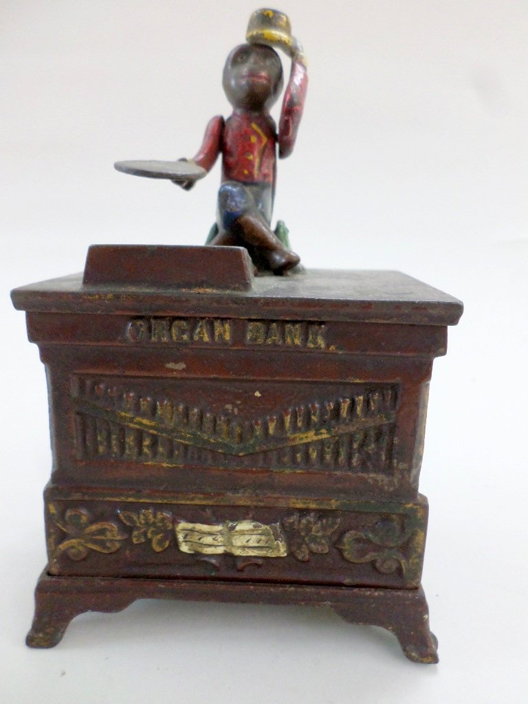 Kyser and Rex Mechanical Bank: Organ bank w/monkey by Kyser & Rex circa 1880's w/very nice original paint, 6in. (H) x 4in. (W), made in Philadelphia, PA