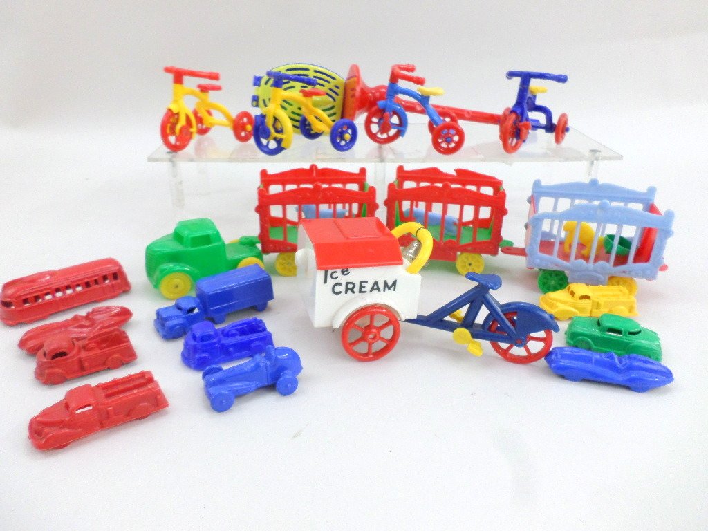 Renwal Ice Cream Truck, Tricycles: Renwal ice cream truck, tricycles, Acme circus truck, and unmarked small trucks & cars, includes snake charmer toy, 2 1/4in. Tallest