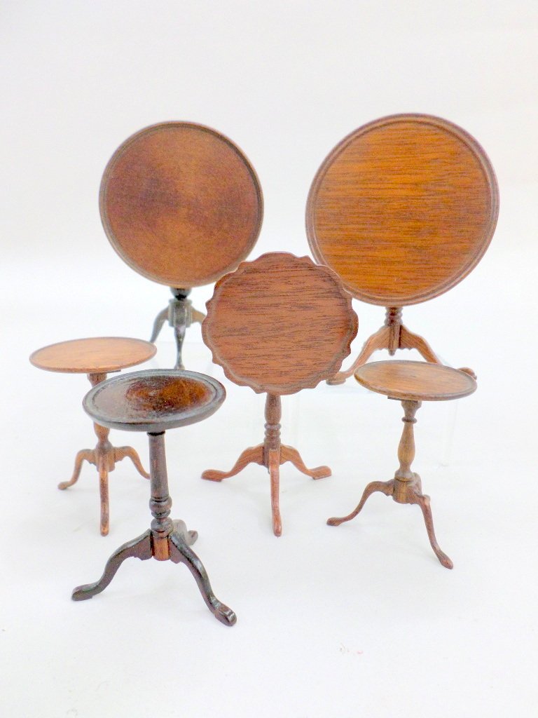 Dollhouse Tilt-Top Tables: Dollhouse tilt-top tables, attributed to Eric Pearson, 4in. Tallest