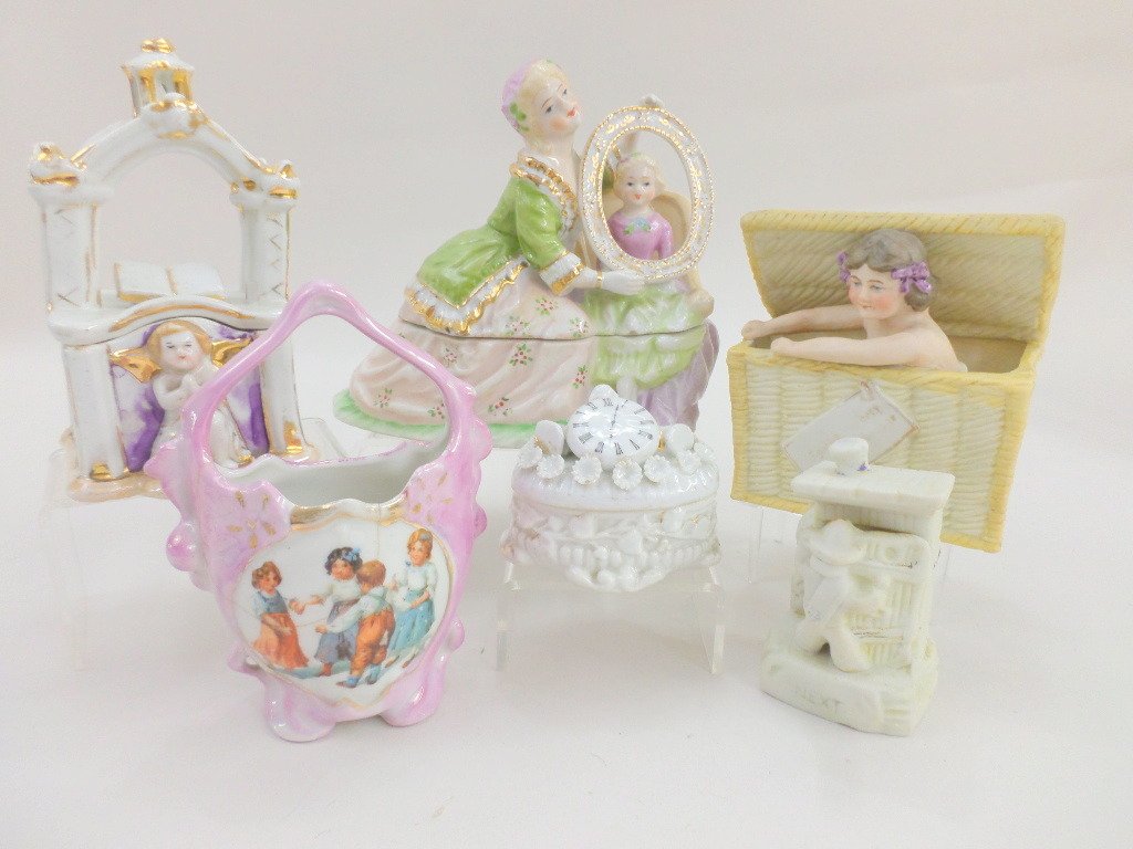 Trinket Boxes and Porcelains: Three trinket boxes, 3 porcelain child items, 5 1/2in. Tallest, lovely collection