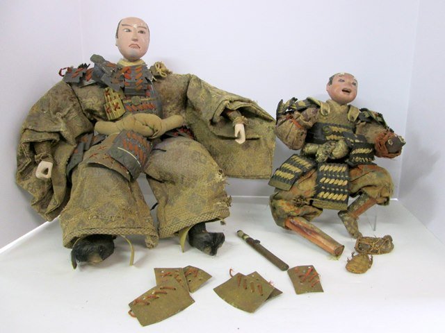 Vintage Early Japnese Samurai Dolls: Great Costumed Early Japanese Samurai Dolls, larger and smaller version, heads are as is, but costumes are rich brocades and embroideries of the period. They have exaggerated posture and facial expres