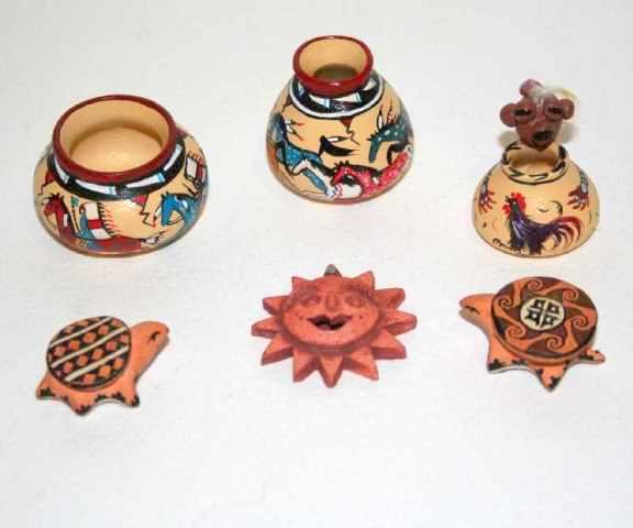 Rainbow Hand Miniatures Dollhouse: Three colorful bowls and vases by Rainbow Hand tallest just over 1", two little terracotta animals signed GB and a happy sunburst signed Julie.