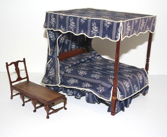 Betty Valentine Bed and Daybed: A lovely vintage canopy bed with handcarved bedposts, pretty cotton canopy and bedspread and "roped" frame. Very slight glue stains on one corner of the bedspread and slight fading on canopy top. 7" H