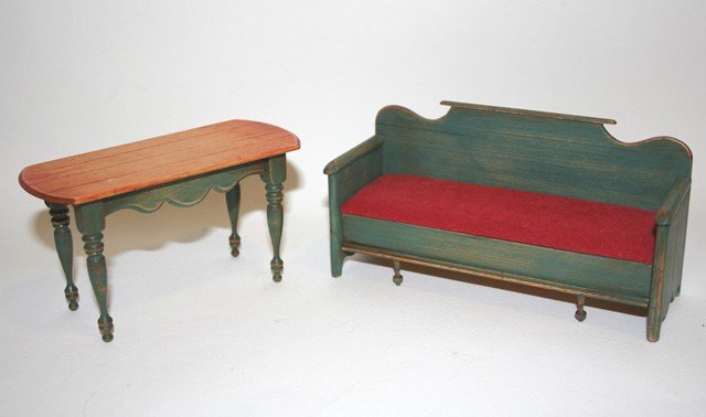 Cindy Malon Sleeper Settee: An ingenious wooden settee that opens out to a bed 3" H, 5.75" L and pretty scrubbed top table, both by Cindy Malon.