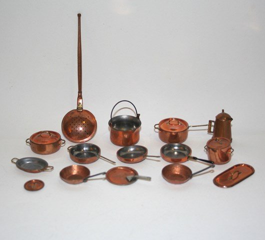 Artisan Copperware: A selection of artisan copper cookware, some by Jason Getzan, realistic tinned interiors and some additional pieces. Coffee pot 1" H. Extra lids. MK