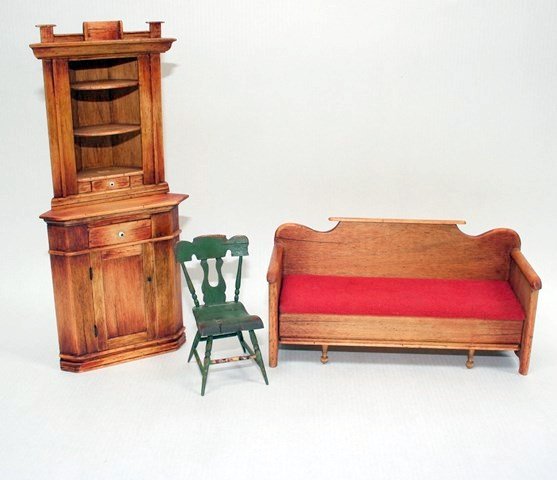 Cindy Malon Country Furniture: A delightful two-piece cupboard 7.5" H, a settee that converts to a bed and a painted chair, all by Cindy Malon. MK