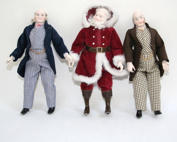 Three Jolly Jill Bennett Dolls: Three fat fellows by Jill Bennett including St. Nick 6" H and two rotund older fellows with mutton chops and very little on top. Some hair loss and paint loss on hands and feet. MK