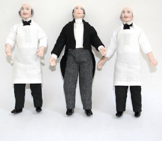 Jill Nix Male Servants: Three male dolls 6" H dressed as a butler and two dressed as footman working below stairs. All have some uneven hair loss. MK