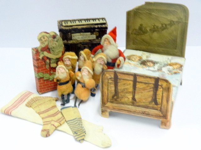 Christmas Candy Containers and Santas: Bed candy container with Santa on headboard 4" x 5" x 5" H, King's Brand Confections Santa at chimney candy container 4" H, five cotton Santas with composition faces 3" H, Santa with composition face