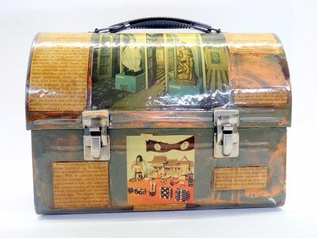 Flora Gill Jacobs Lunch Box: Tin lunch box with decoupage of doll house interiors once owned by Flora Gill Jacobs 10.5" L