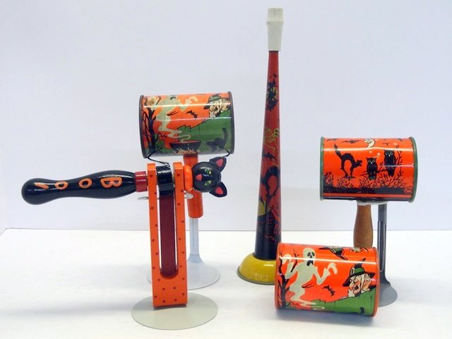 Five Vintage Tin Halloween Noisemakers (1 of 1)