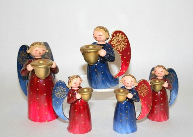 Wendt & Kuhn Angel Candleholders: Five German candleholders in the form of angles in red and blue dotted robes. Tallest 3.25" H.
