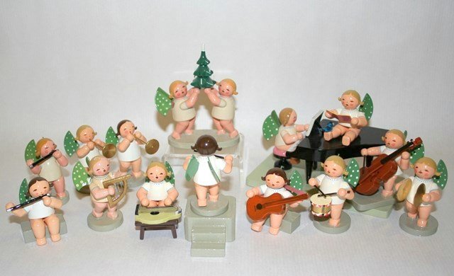 Wendt & Kuhn Angel Band: Very collectible "Eleven Dot" musically gifted angels including one with grand piano 5" L, others with horns, drum, cymbals (chipped), cello, etc. Some slight chipping, one angel has lost her wings bu