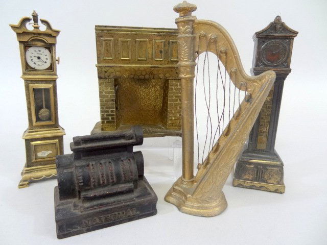 Vintage Brass, Tin & Cast Iron Dollhouse Accessories: Two Grandfather Clocks, Harp, Old National Cash Register and Vintage Fireplace 5 3/4in