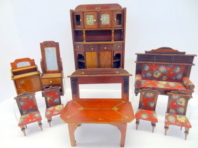 German Dollhouse Furniture: German upholstered sofa and matching chairs, table and cabinets. 5 1/2in tallest.