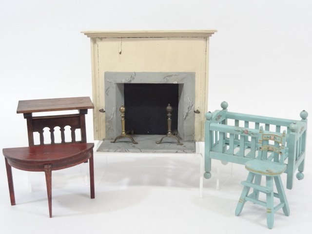 Tynietoy Dollhouse Furniture: Tynietoy fireplace, demilune table, rare Spanish table, highchair and crib. Tallest is 5 1/4in.