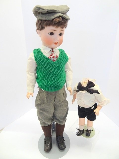 Schoenhau and Hoffmeister 1906 Doll: Schoenhau & Hoffmeister 28 in. 1906 boy on jointed compo body, brown sleep eyes, open mouth, mohair wig & 12 1/2 in. body for a boy, compo arms & legs, cloth body