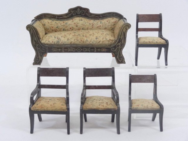 Biedermeier Dollhouse Sofa and Chairs: Biedermeier sofa with gilt transfer and print transfer upholstery with four chairs. 3 1/4in tallest.