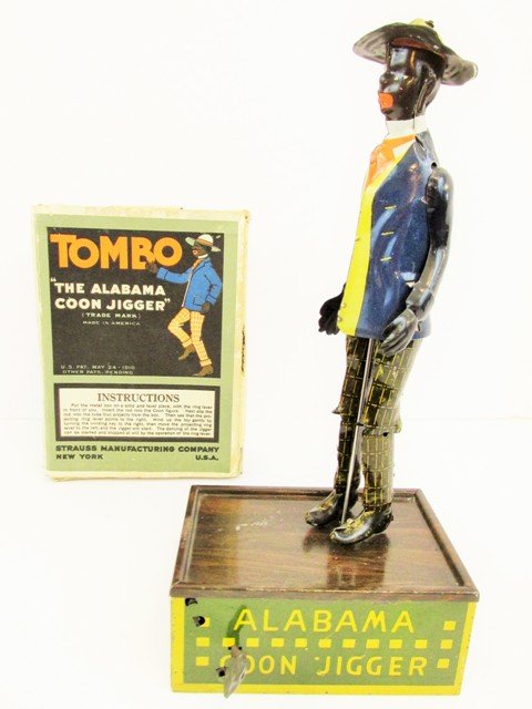 Strauss Tombo Alabama Coon Jigger Wind-up O.B.: Strauss Mfg. Co., tin litho wind-up dancing toy 10" H with original box