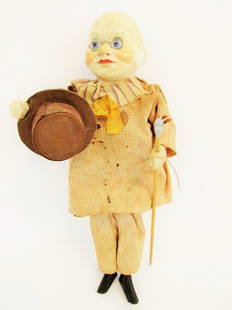 Early Animated Foxy Grandpa Comic Toy: Great early comic character toy, Vaudeville performer Joseph Hart in the role of Foxy Grandpa, composition head, wood body, cloth clothes and felt over cardboard hat, wearing metal glasses and holding