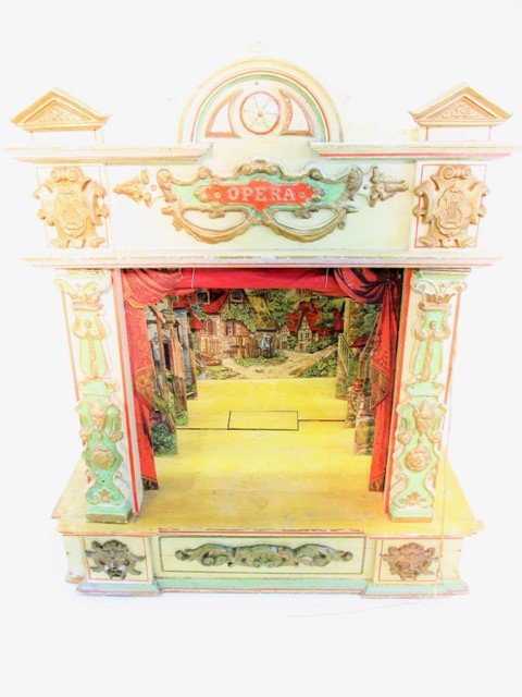 German Opera House: Germany, attributed to Gottschalk, incredible late 19th century Opera House Theatre 23" W, 18" D, 28" H, front facade is wood with composition decorations, litho cardboard side curtains and rollup clo