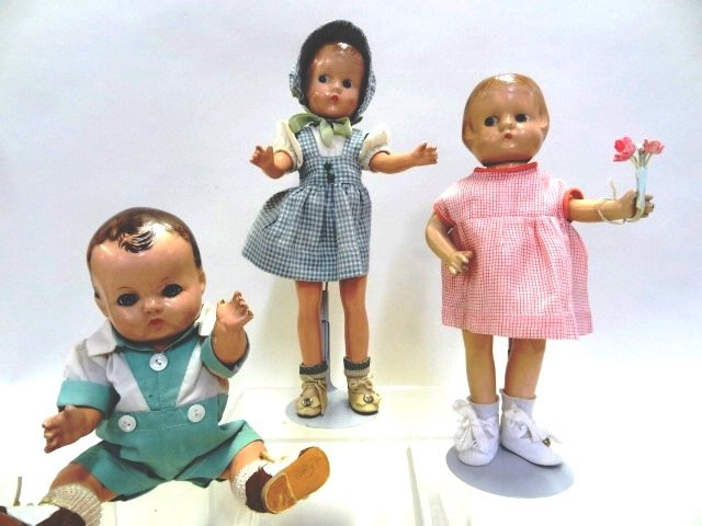 Effanbee Patsyette and Pasty Babyette: Two Effanbee Dolls, Patsyette & Pasty Babyette, Patsyette - 9 in. & 10 in., one w/original clothing (not tagged), one redressed, Pasty Babyette in appropriate old clothing 8 in., all composition