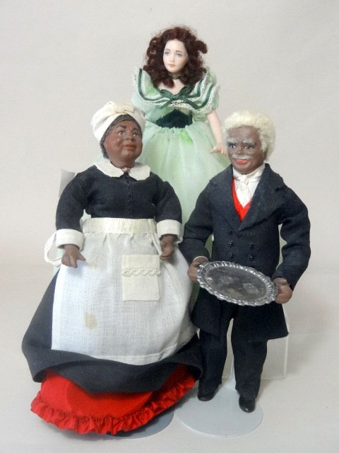Artist Maid and Butler and Scarlett Dollhouse Dolls: Unsigned black maid & butler dollhouse dolls, great facial expression, one could be Mammy (red slip), butler w/tray & of course Scarlett oversees both, enchanting grouping from Gone With The Wind, 6 i