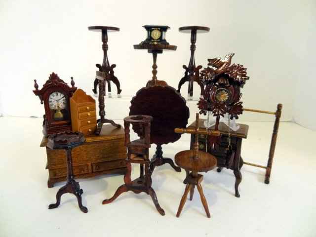 Dollhouse Furniture: Dollhouse furniture, mostly commercial, tables, chests, clocks, spice chest by NAL '90, mantle clock by Sturber '82, 3 1/4 in. tallest